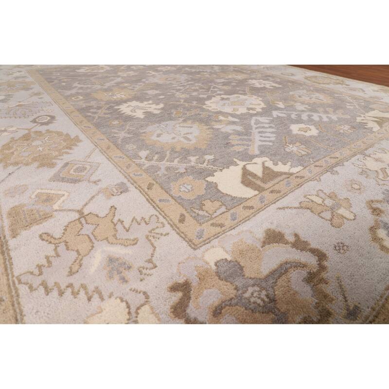 Gray Oushak Indian Area Rug Hand-Knotted Floral Wool Carpet - 9'3"x 11'7"