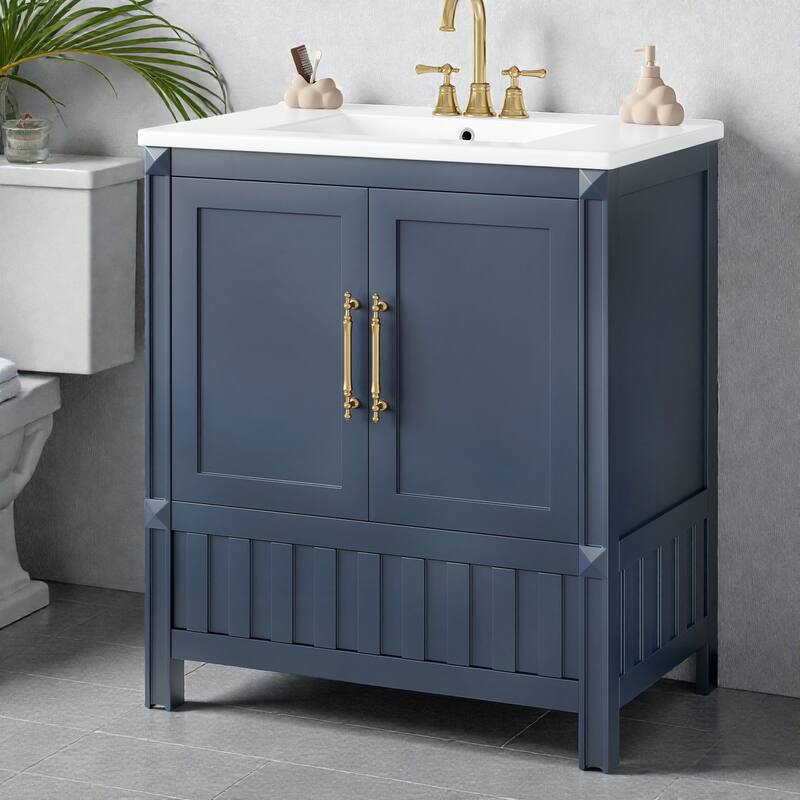 30" Bathroom Vanity with Sink, Solid Wood & MDF Cabinet with Doors, Drawer and Open Storage Shelves