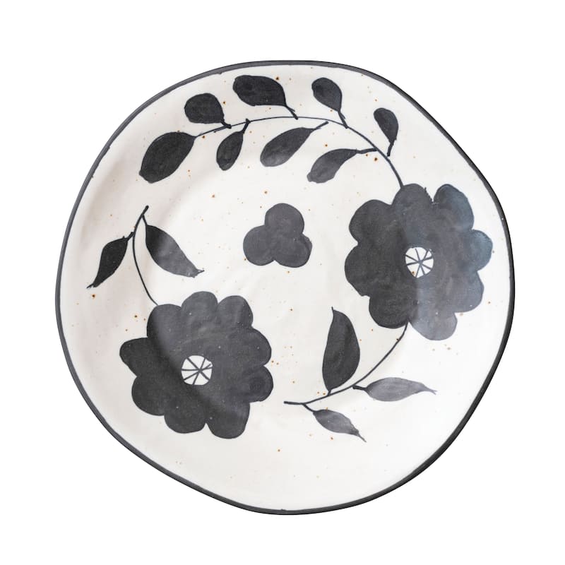 Stoneware Plate with Floral Design - 11.5"L x 11.5"W x 1.0"H - 1 Piece - Black - 11.5"L x 11.5"W x 1.0"H