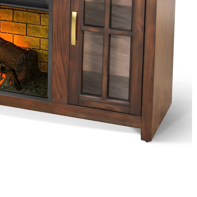 Gery TV Media Console w Log Fireplace, 76 Inch, 2 Cabinets, Dark Brown
