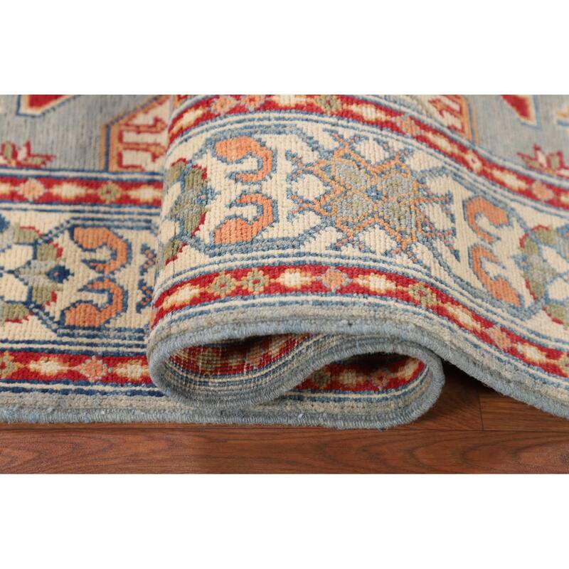 Geometric Blue Kazak Accent Rug Handmade Wool Carpet - 3'3" x 4'11"