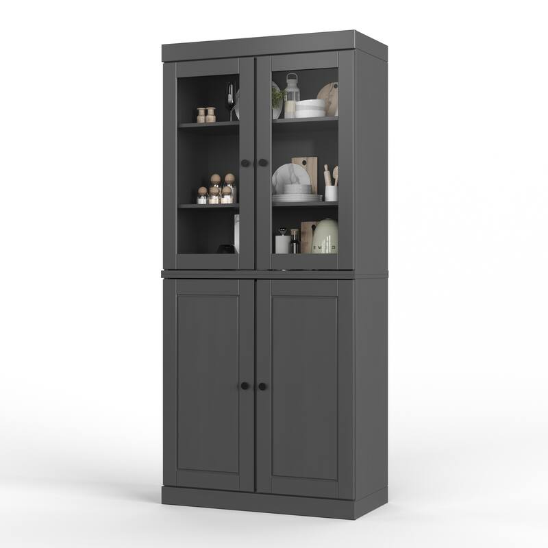 Palace Imports Solid Wood Pantry Cabinet, Raised Panel & Clear Glass Doors, 2 Drawers, Adjustable Shelves