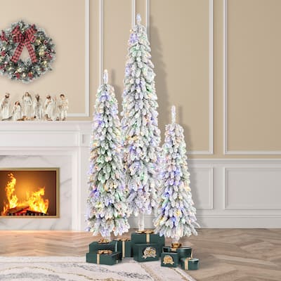 Glitzhome 4.5ft/6ft/7.5ft Pre-Lit Flocked Artificial Snowy Downswept Christmas Tree with Foot Pedal Control LED Lights