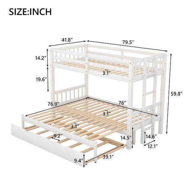 Twin over Pull-out Bunk Bed with Trundle, Accommodate 4 People, White