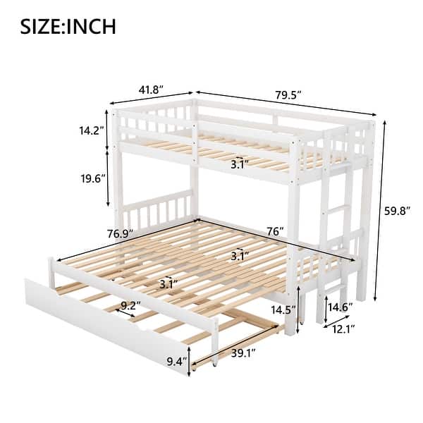 Twin over Twin Wood Bunk Bed with Trundle, Solid Wood Bedframe w/Ladder & Safety Guardrails, No Box Spring Needed