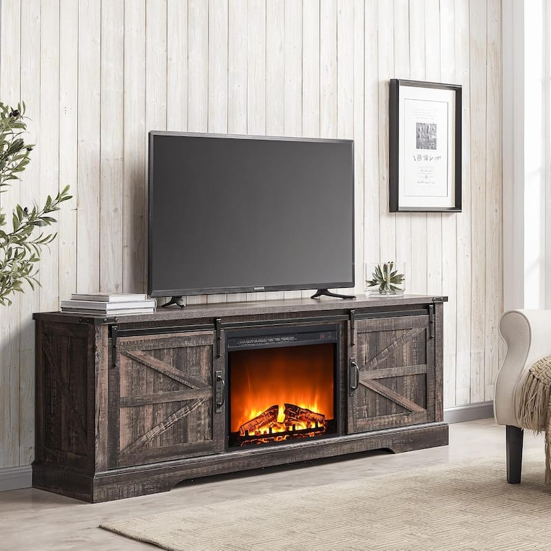 Farmhouse Fireplace TV Stand, Rustic Entertainment Center - 65 inches in width - Dark Rustic Oak