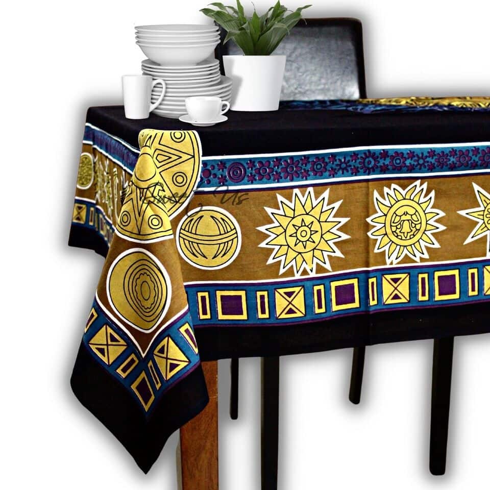 Golden Moon Cotton Tablecloth Rectangle Cosmic Blue Dining Linen - 88 x 104 inches