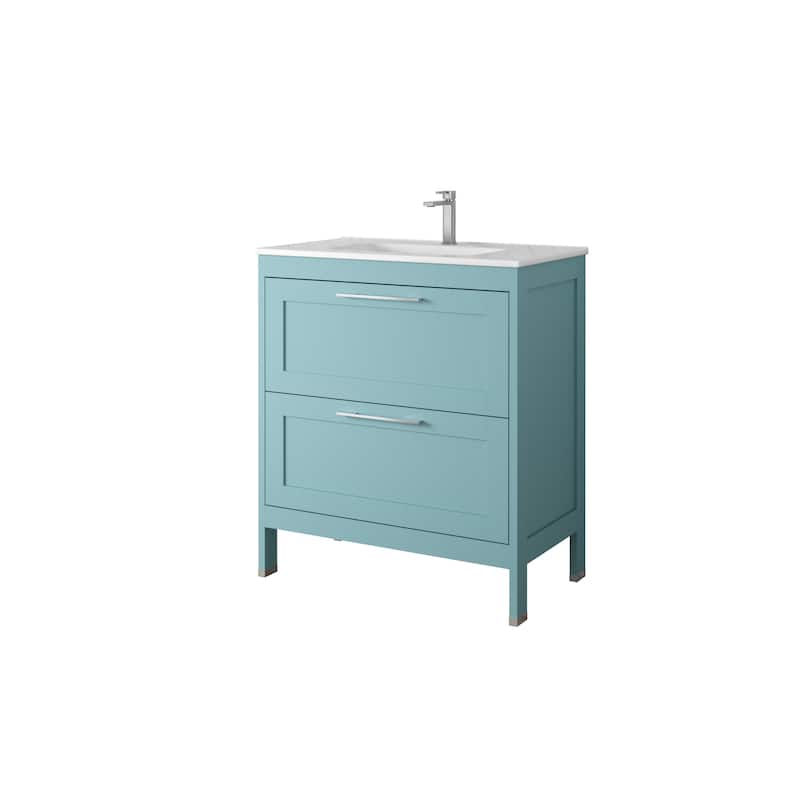 HomeRoots 32" Blue Wood Freestanding Bathroom Vanity With White Sink And Two Drawers - 32.00 in. x 35.06 in. x 17.75 in.
