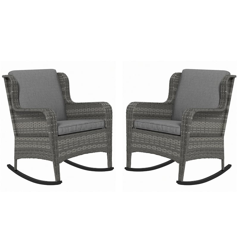 Outsunny Outdoor Wicker Rocking Chair Set of 2 with Wide Seat, Thick Cushions, Rattan Rockers with Steel Frame, High Weight