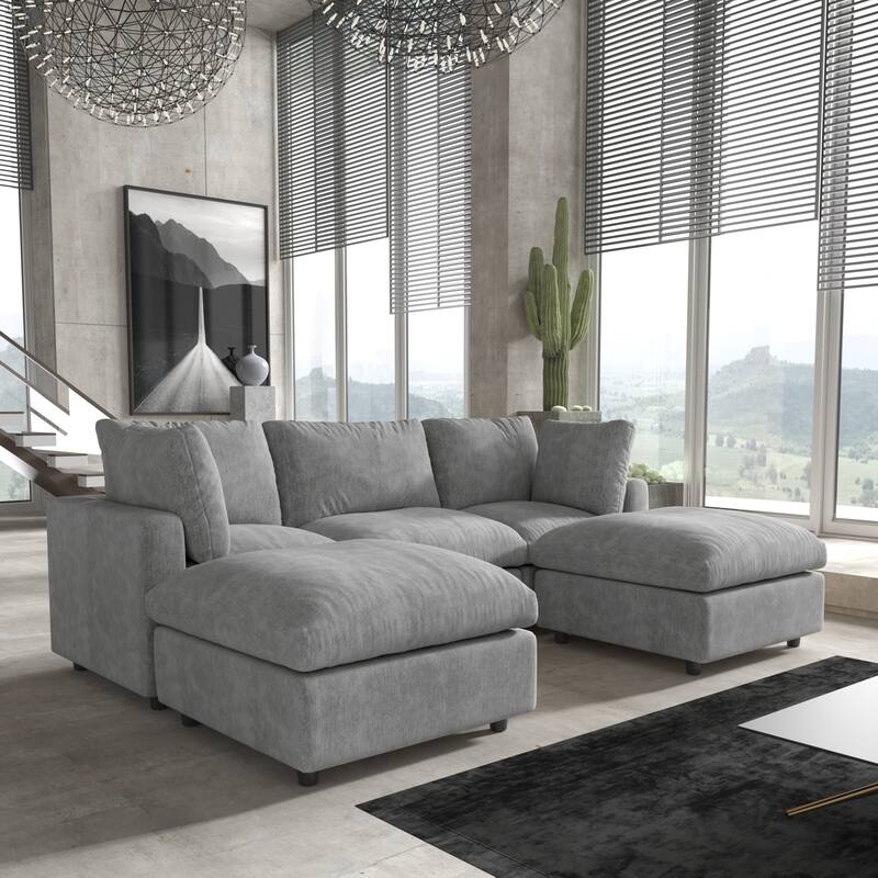 Minimalist U-shaped Upholstered Cloud Sofa 100.5" 3-Seater Chenille Modular Sectional Couch with 2 Ottomans for Living Room