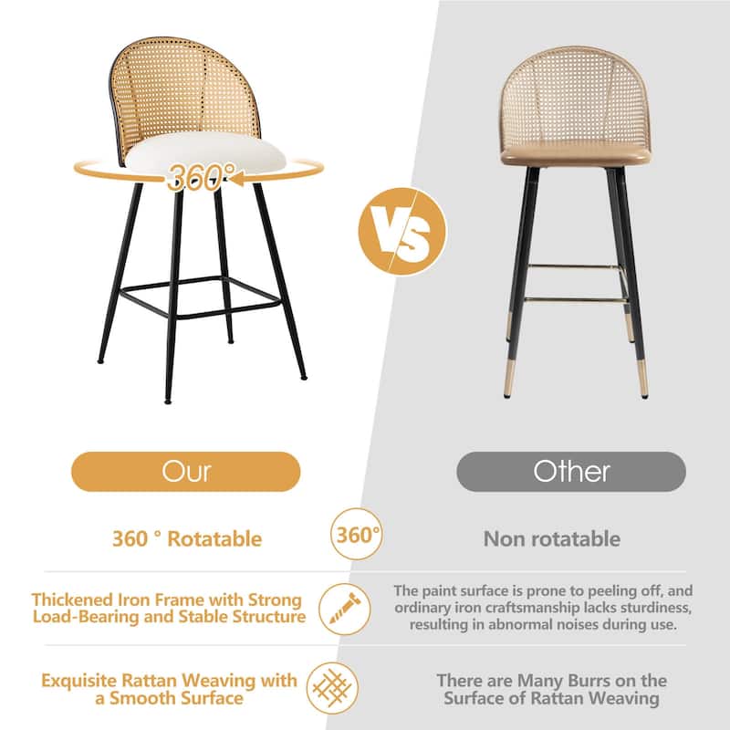 26-Inch Swivel Counter Height Bar Stools with Rattan Back - 36"H x 18.5"W x 19.7"D