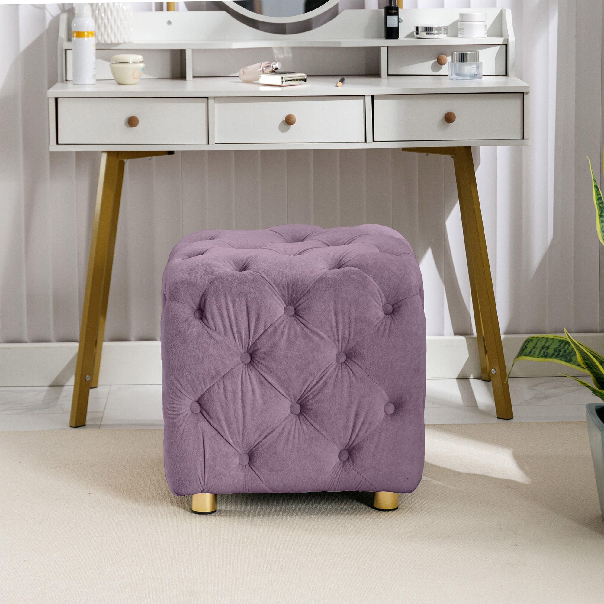 Modern Pink Velvet Upholstered Square 18.1 in. Tufted Button Exquisite Ottoman Soft Foot Stool Dressing Makeup Chair