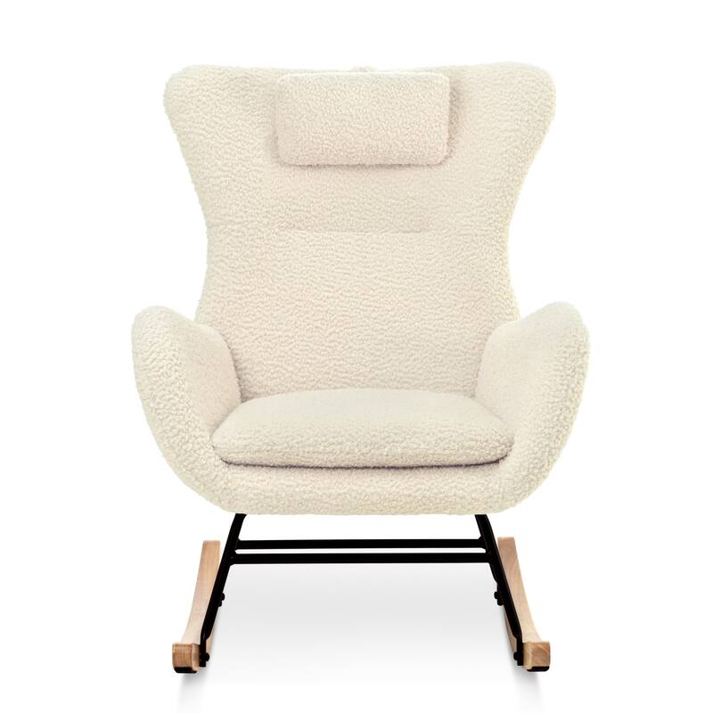 Polyester Glider Chair with Adjustable Headrest and Storage Pocket, Rubber Wood Base