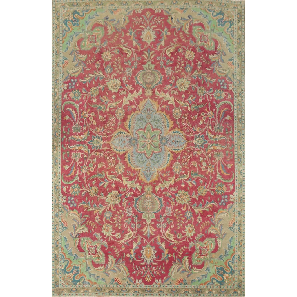 Hand Knotted Oriental 100% Wool Carpet Traditional Floral Pink Tabriz Area Rug - 10' 5'' X 7' 1''