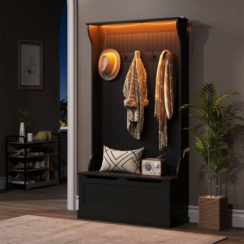 MDF Hall Tree Storage Bench with LED Light and Hooks - 37.75" W x 13.5" D x 70.75" H