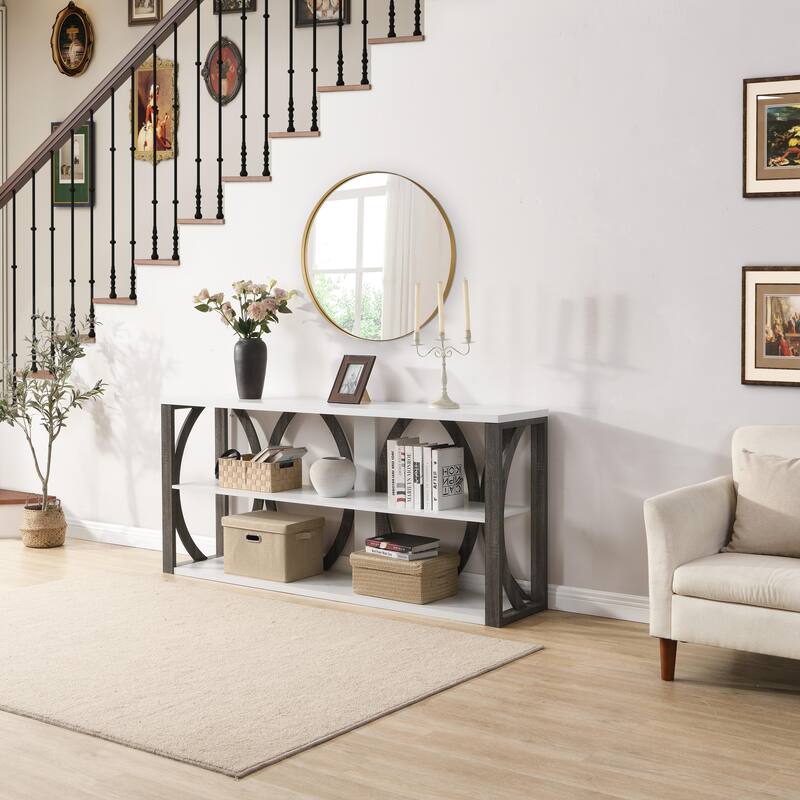 console table with open storage shelf
