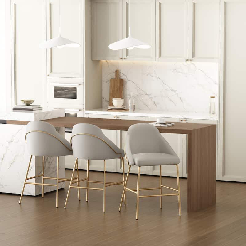 Manhattan Comfort Gracie Leatherette Counter Bar Stoool with Steel Legs - Set of 3 - Stone Gold - Counter Height