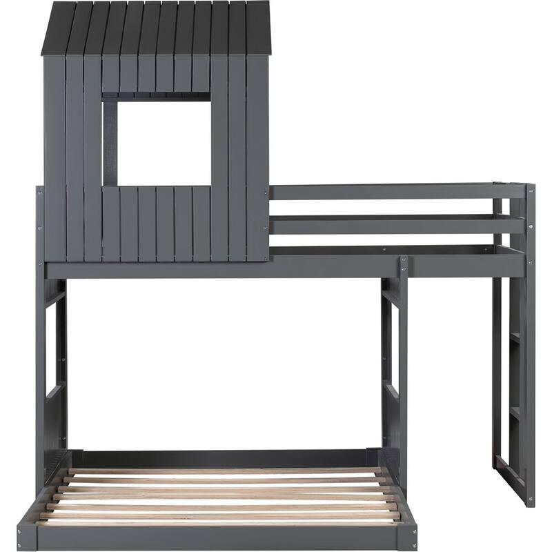 Merax Wooden Twin over Full Bunk Bed with Playhouse, Farmhouse, Ladder and Guardrails