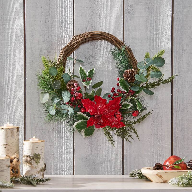 23.5" Poinsettia/Berry/Eucalyptus Half Wreath - Green Leaves