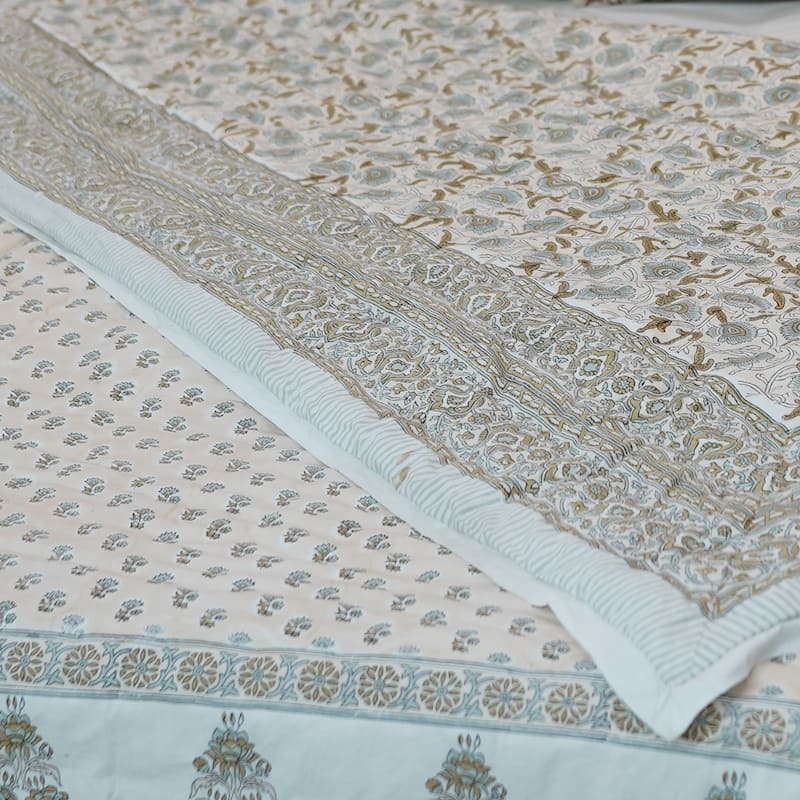 Fabdivine Hand Block Print Green Brown 100% Cotton Quilt Textured Floral Heritage Weave, Reversible Handmade Statement Bedspread - 68" X 86" - Green, Brown