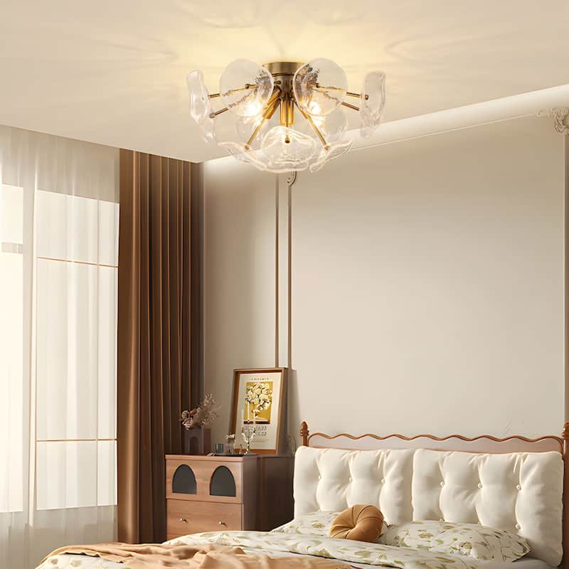 Starsky 5-Light Flush Mount Chandelier with Hand-Blown Flower Glass Shades, Art Deco/Mid-Century Style