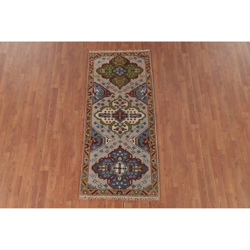 Gray Geometric Kazak Oriental Accent Rug Handmade Wool Carpet - 2'7"x 5'11"