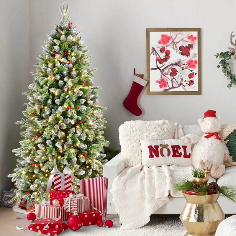Pre-Lit Artificial Christmas Tree - Warm White LED Lights, Frosted Greenery, Red Berries, Pinecones, Metal Stand - Green