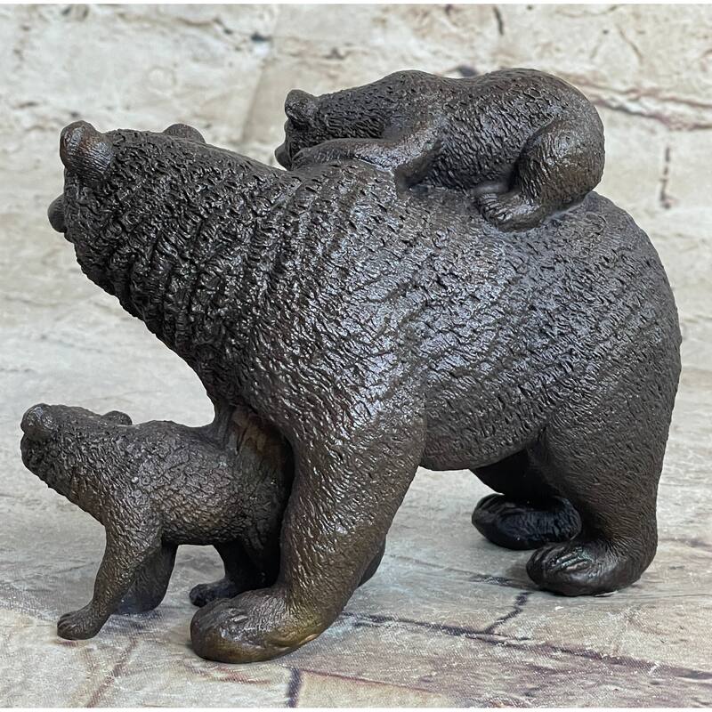 Signed Original Happy Grizzly Bear Family Bronze Sculpture Art Deco Figure Decor