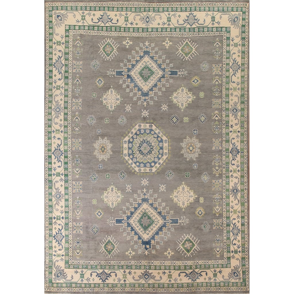 Gray Geometric Kazak Oriental Rug Living Room Handmade Wool Carpet - 9'10"x 13'1"