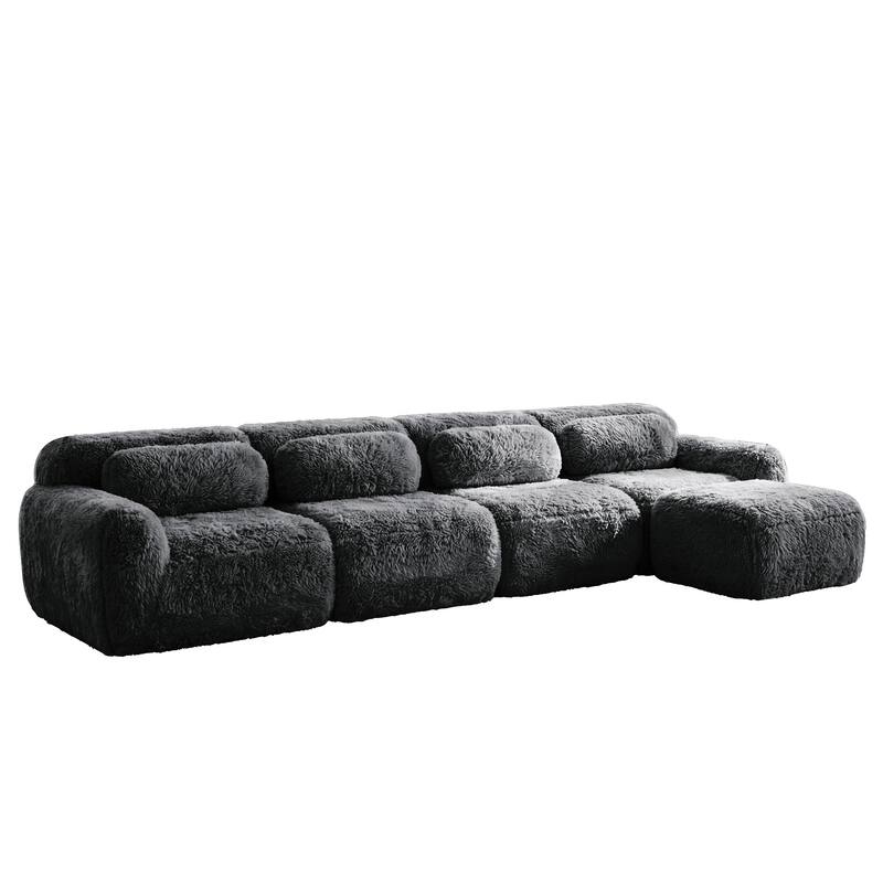 Homy Casa Modular Sectional Sofa, Dark Grey Plush Fabric with Non-Slip Base, No Assembly Living Room Couch with Pillows