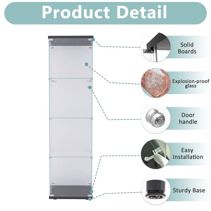 Glass Display Cabinet with Doors & Locks, Acrylic Shelves, Floor Standing Storage Showcase for Home or Office