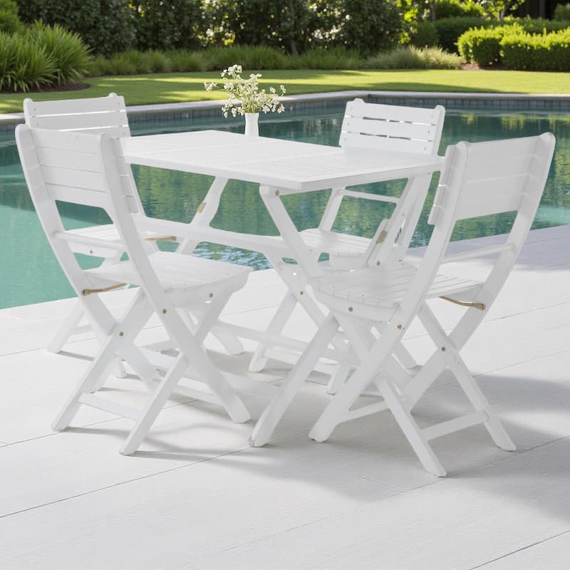 5-Piece Outdoor Acacia Wood Folding Dining Set with Folding Table and 4 Folding Chair - White