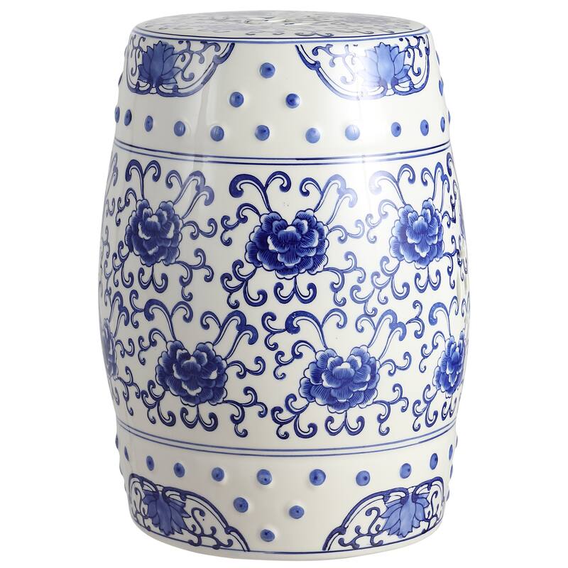 Lotus Flower 17.8" Chinoiserie Ceramic Drum Garden Stool, Blue/White - Ceramic - Blue