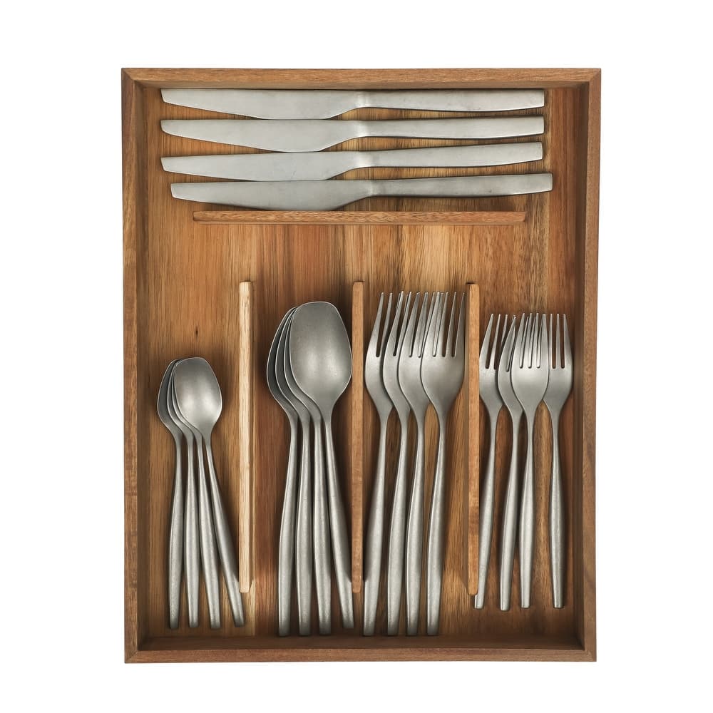 Bloomhouse 20 Piece Flatware 18/10 Stainless Steel Silverware Cutlery Utensil Set With Acacia Wood Caddy - Service for 4