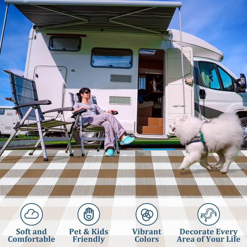 Outdoor Rug Waterproof Reversible Rug Indoor Outdoor Plaid Area Rug Plastic Straw Rug for Camping RV Backyard Patio