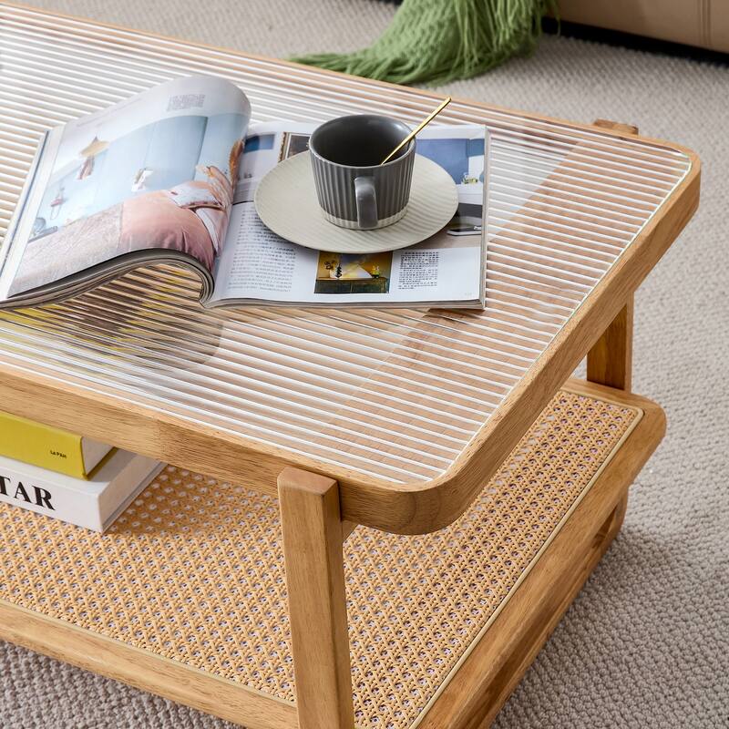 Roomfitters Walnut Solid Wood Coffee Table with Rattan Shelf, Glass Top Rectangle Tea Table for Living Room or Bedroom