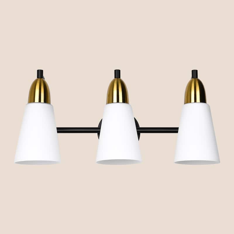 Modern Black Bathroom Vanity Light with Frosted Glass Shades & Gold Accent, Minimalist Wall Sconces