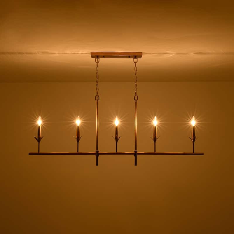 Mid-Century 5-Light Candle White Fabric Linear Island Pendant