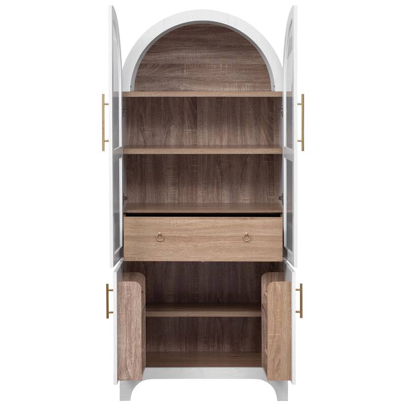 71" Tall Arched Kitchen Pantry Cabinet with Adjustable Shelves and Hidden Drawer for Stylish Storage Solutions