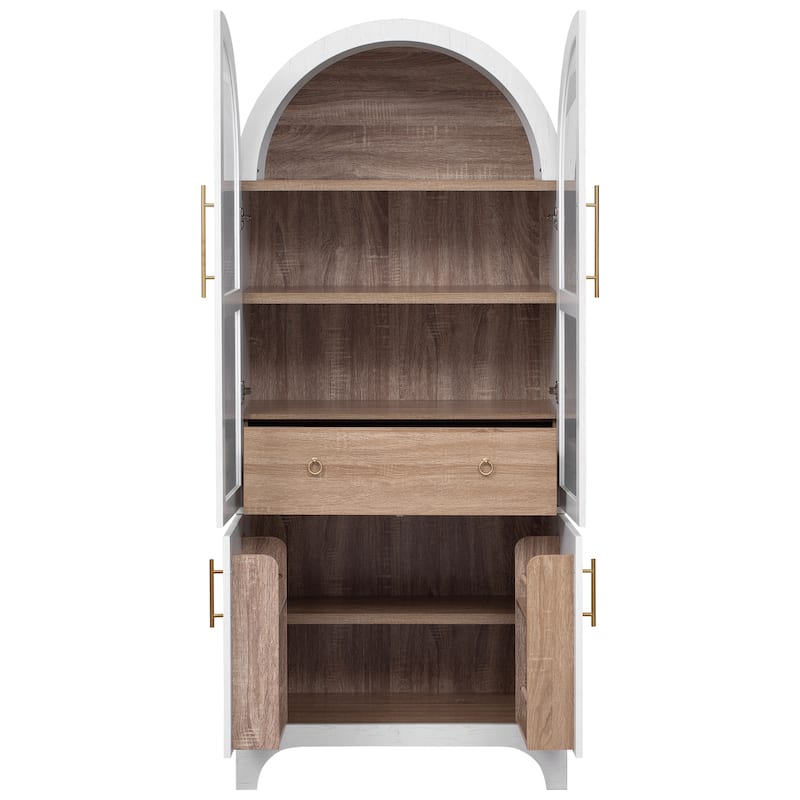 71"Tall Arched Kitchen Pantry Cabinet with Door Shelves,Cabinet with Open & Adjustable Shelves,Hidden Drawer & Glass Door