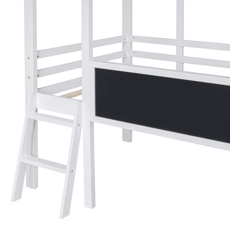 Twin Size Loft Bed House Bed with Slide, Light Strip and Blackboard