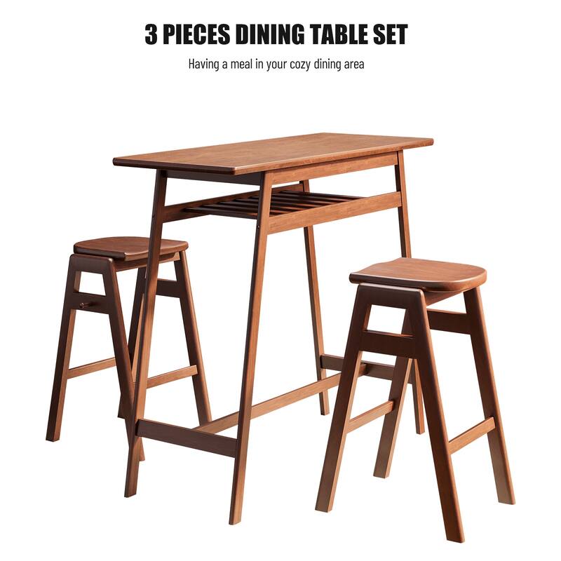 3pcs Pub Dining Set Retro Bar Table Set with 2 Stools and Shelf Bed