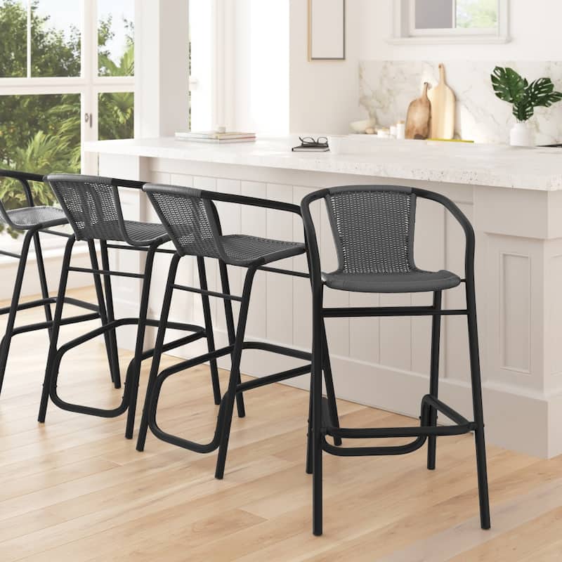 4PK Indoor/Outdoor Rattan Restaurant Barstools - Gray