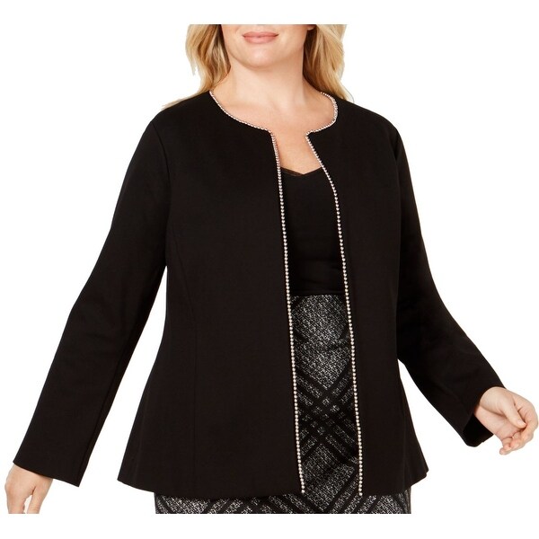 Alfani Women's Jacket Deep Black Size 16W Plus Bead Trim Open Front
