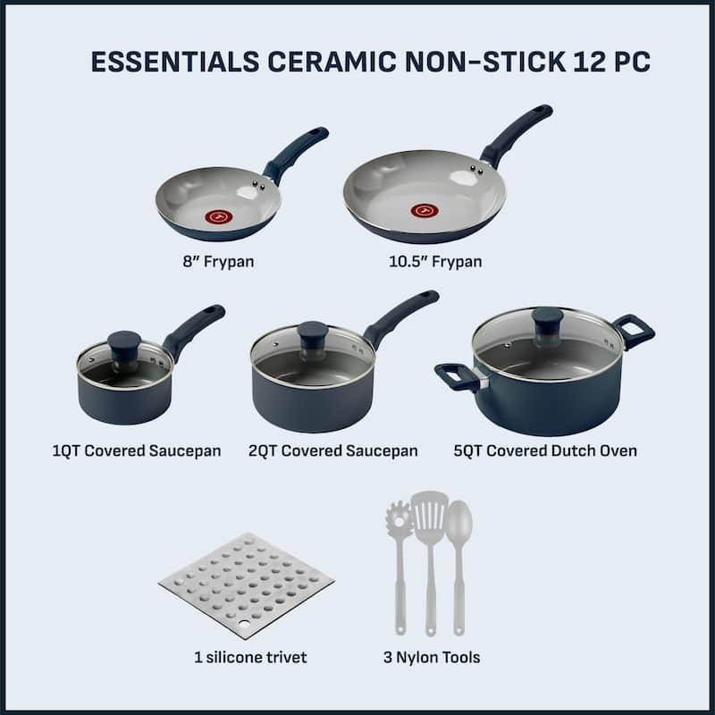 T-fal Essentials Ceramic Non-Stick, 12 Piece Pots and Pans Cookware Set, Midnight Blue