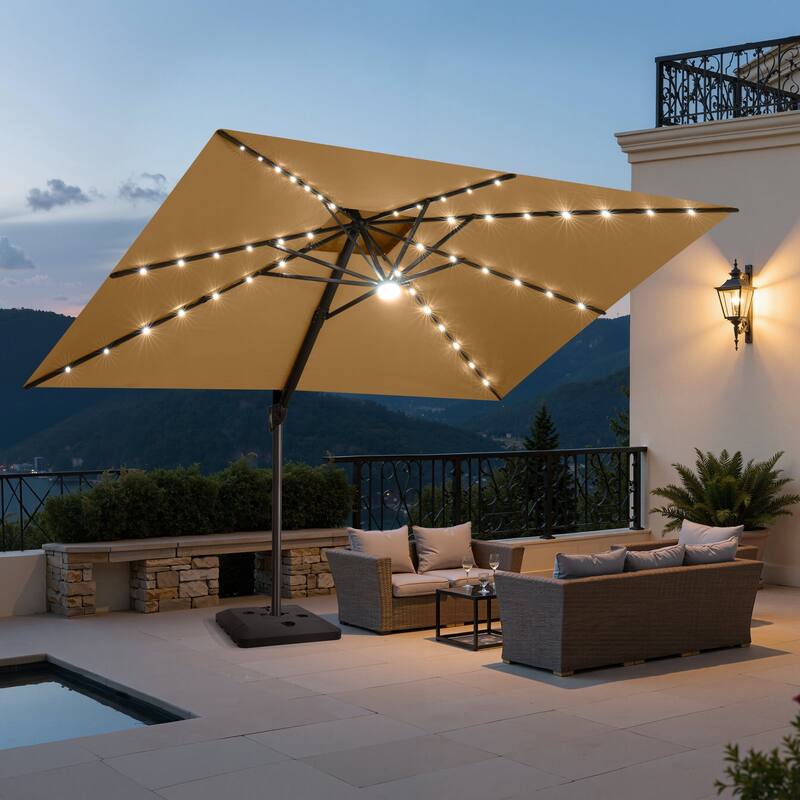9 x11 FT LED Lighted Patio Cantilever Umbrella Double Top with Weighted Base - Tan with Base