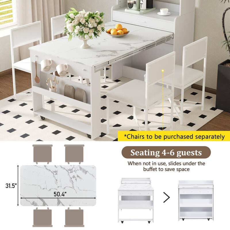 2-in-1 Buffet with Hutch and Foldable Dining Table, Multifunctional Cupboard with Storage Shelf and Side Hooks