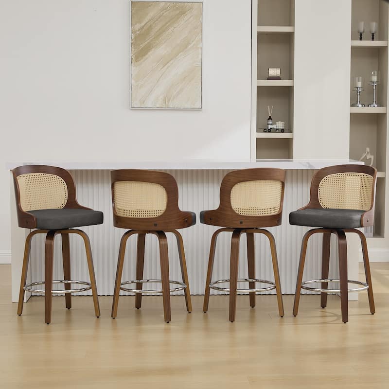 26" Upholstered Swivel Counter & Bar Stool with Rattan Back - 37.4"H x 19.09"W x 19.88"D