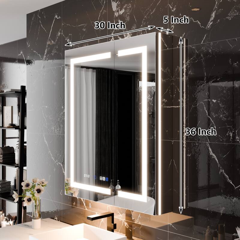 36'' H Recessed or Surface Mounted Bathroom LED Mirror Cabinet With Defogger, Dimmer, 10x magnifying
