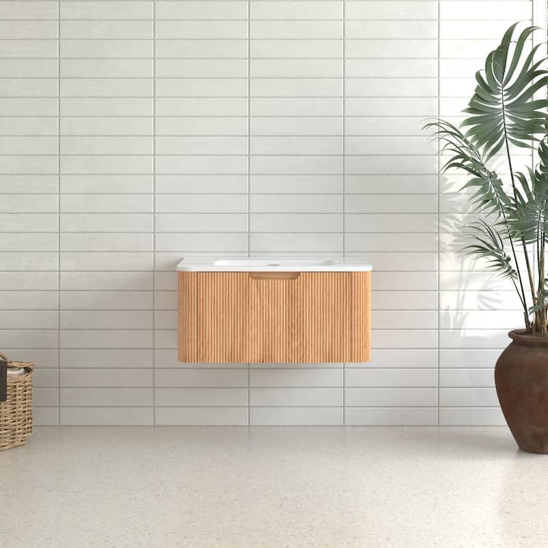 30" Wall-Mounted Floating Solid Wood Bathroom Vanity Pre-Assembled Curved Edge Storage Cabinet With Ceramic Basin